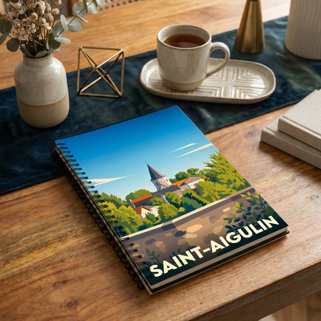 Carnet à spirales souvenir de la ville de Saint-Aigulin avec une illustration stylisée.