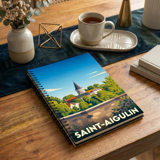 Carnet à spirales souvenir de la ville de Saint-Aigulin avec une illustration stylisée.