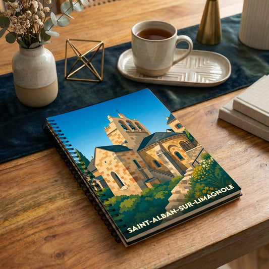 Carnet à spirales souvenir de la ville de Saint-Alban-sur-Limagnole avec une illustration stylisée de son église.