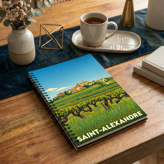 Carnet souvenir de la ville de Saint-Alexandre avec une illustration stylisée d'un vignoble.