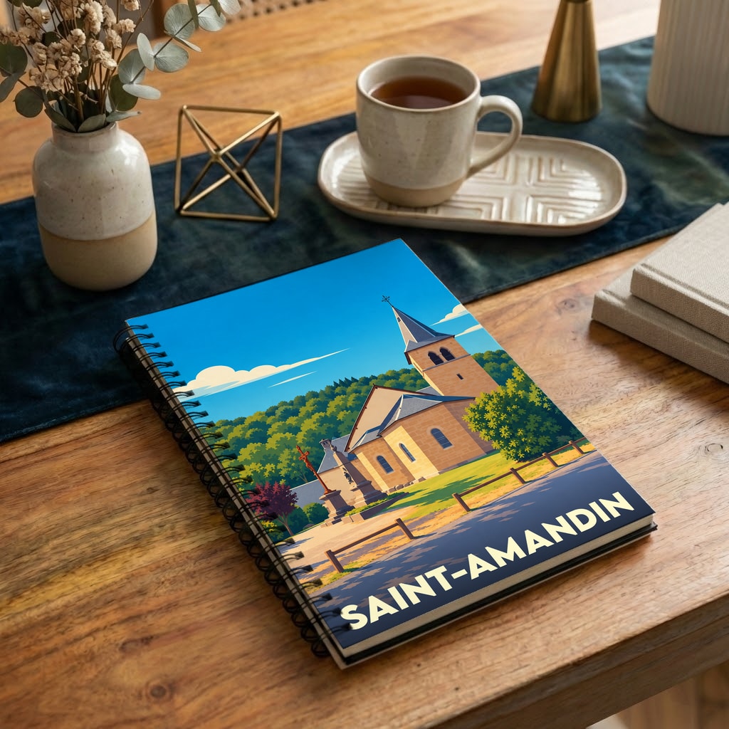 Carnet de notes souvenir de la ville de Saint-Amandin orné d'une illustration stylisée de son église.