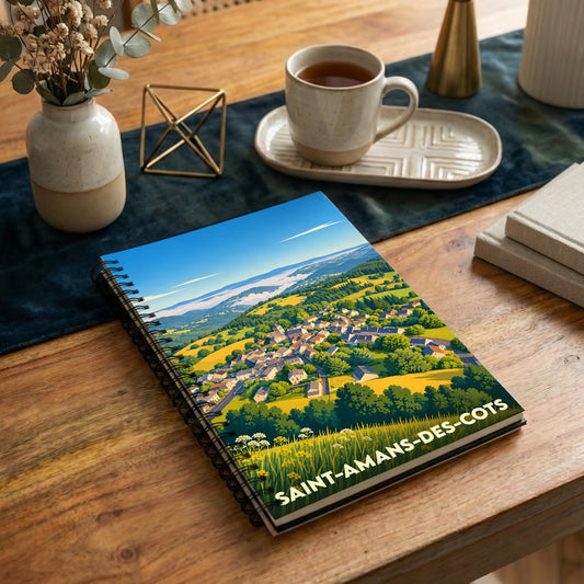 Carnet à spirale souvenir de Saint-Amans-des-Cots illustré par une vue panoramique stylisée du village et de sa vallée.