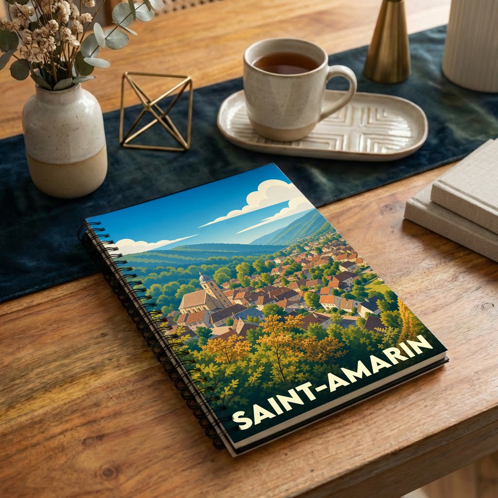 Carnet à spirales souvenir de la ville de Saint-Amarin avec une illustration stylisée de style affiche rétro.