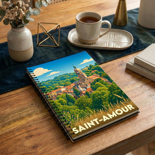Carnet à spirale souvenir de la ville de Saint-Amour avec une illustration stylisée d'un village entouré de verdure.
