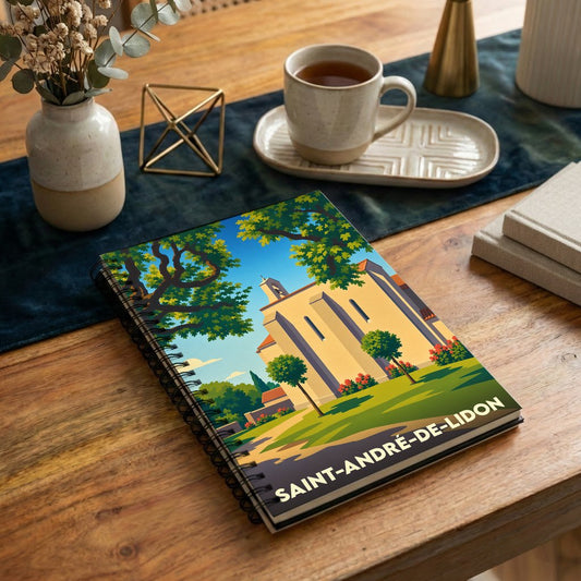 Carnet souvenir de la ville de Saint-André-de-Lidon avec une illustration stylisée d'église.
