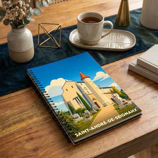 Carnet à spirales souvenir de la ville de Saint-André-de-Seignanx avec une illustration stylisée de son église.
