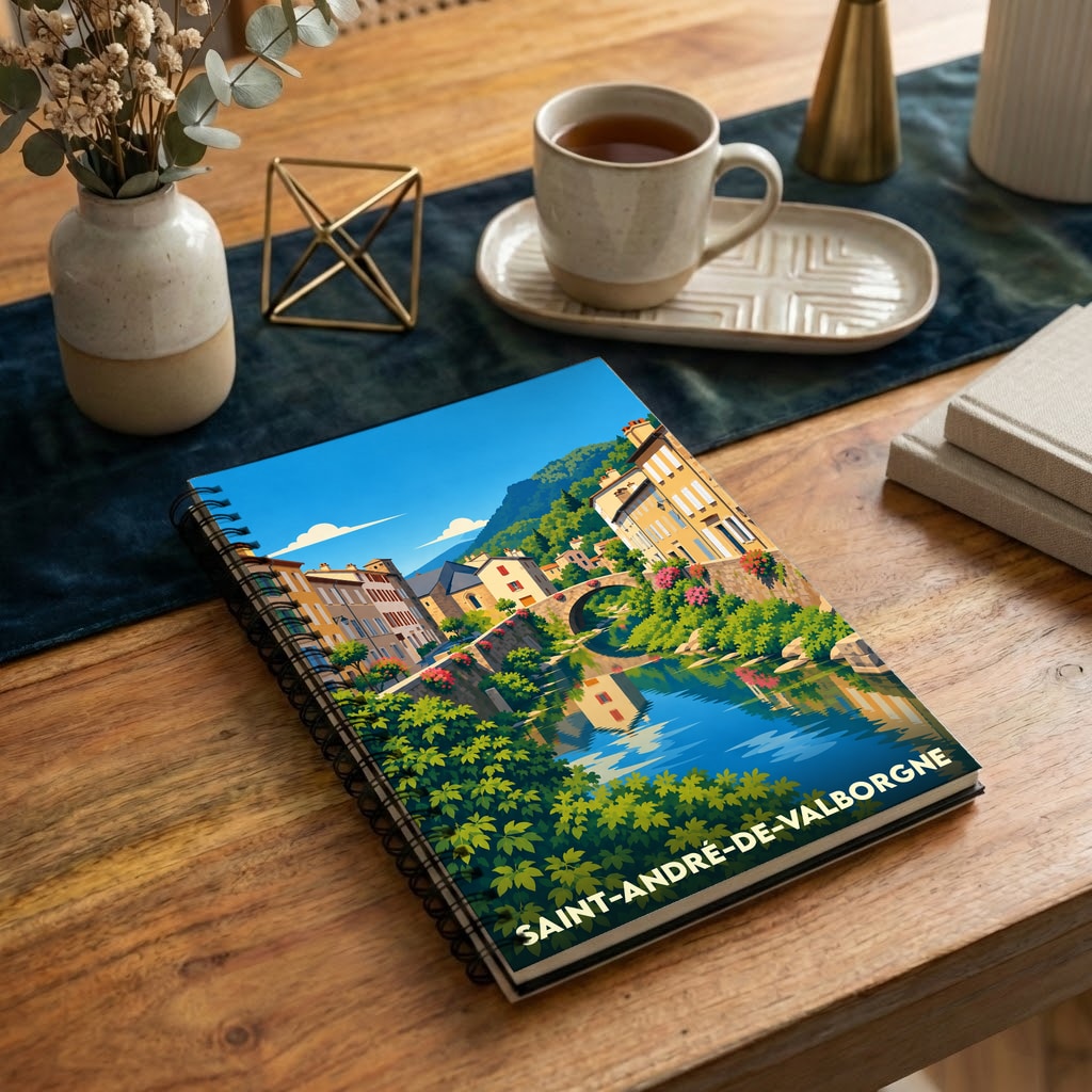 Carnet à spirales souvenir de la ville de Saint-André-de-Valborgne avec une illustration stylisée d'un paysage de village provençal au bord de l'eau.