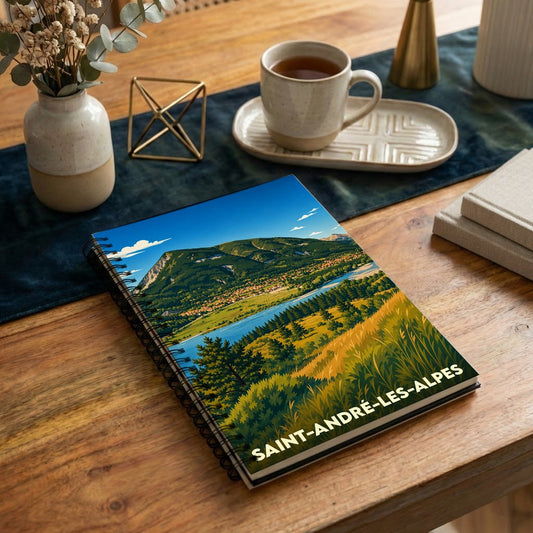 Carnet à spirales souvenir de la ville de Saint-André-les-Alpes avec une illustration stylisée de son paysage montagneux et de son lac.