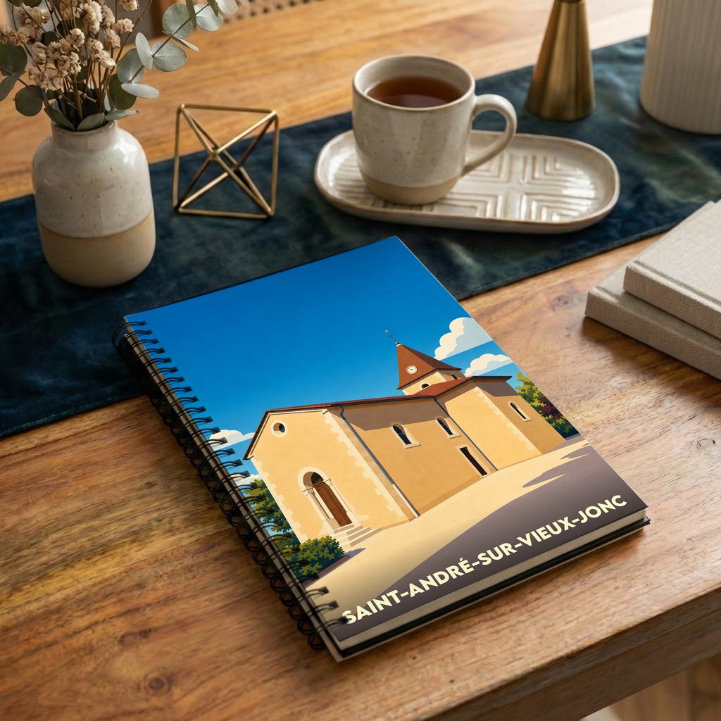 Carnet de notes souvenir de Saint-André-sur-Vieux-Jonc avec une illustration stylisée de son église.