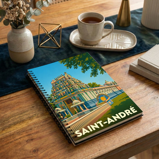 Carnet à spirales souvenir de la ville de Saint-André avec une illustration stylisée d'un temple tamoul.