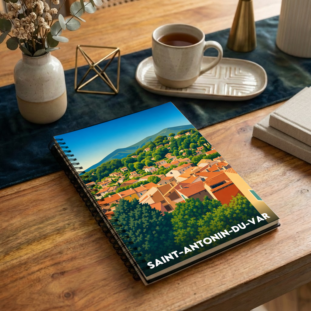 Carnet souvenir de Saint-Antonin-du-Var avec une illustration stylisée du village.
