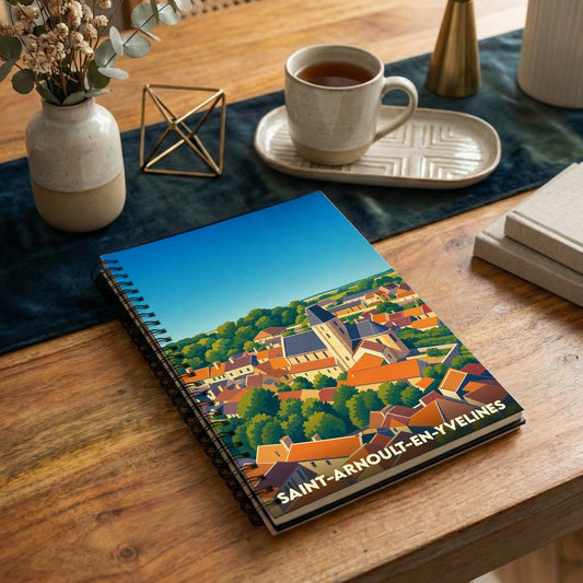 Carnet souvenir de la ville de Saint-Arnoult-en-Yvelines avec une illustration stylisée.