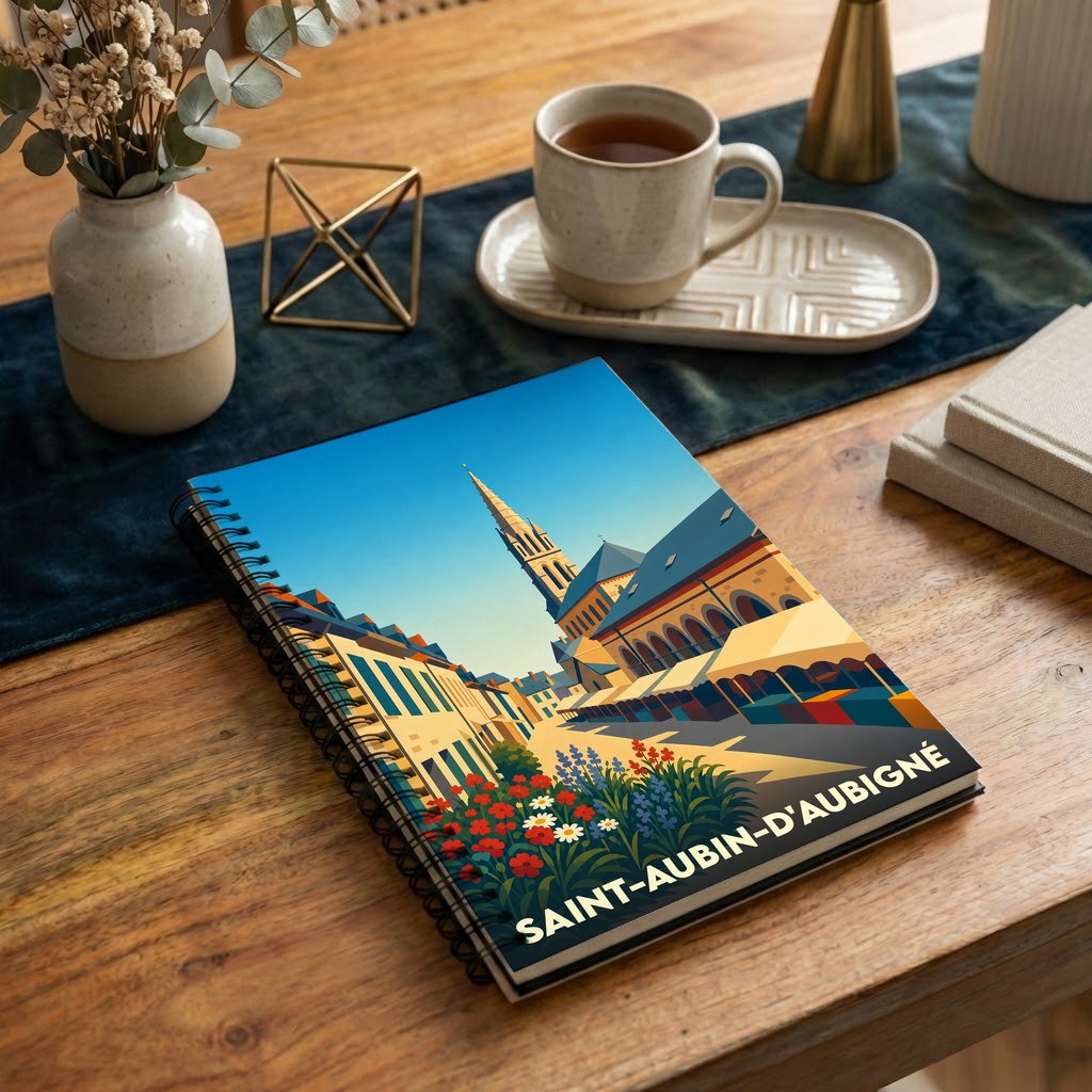 Carnet souvenir de la ville de Saint-Aubin-d'Aubigné avec une illustration stylisée.