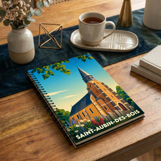 Carnet souvenir de la ville de Saint-Aubin-des-Bois avec une illustration stylisée de son église.