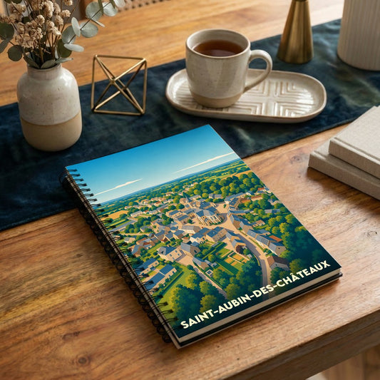 Carnet souvenir de la ville de Saint-Aubin-des-Châteaux avec une illustration stylisée en vue aérienne.