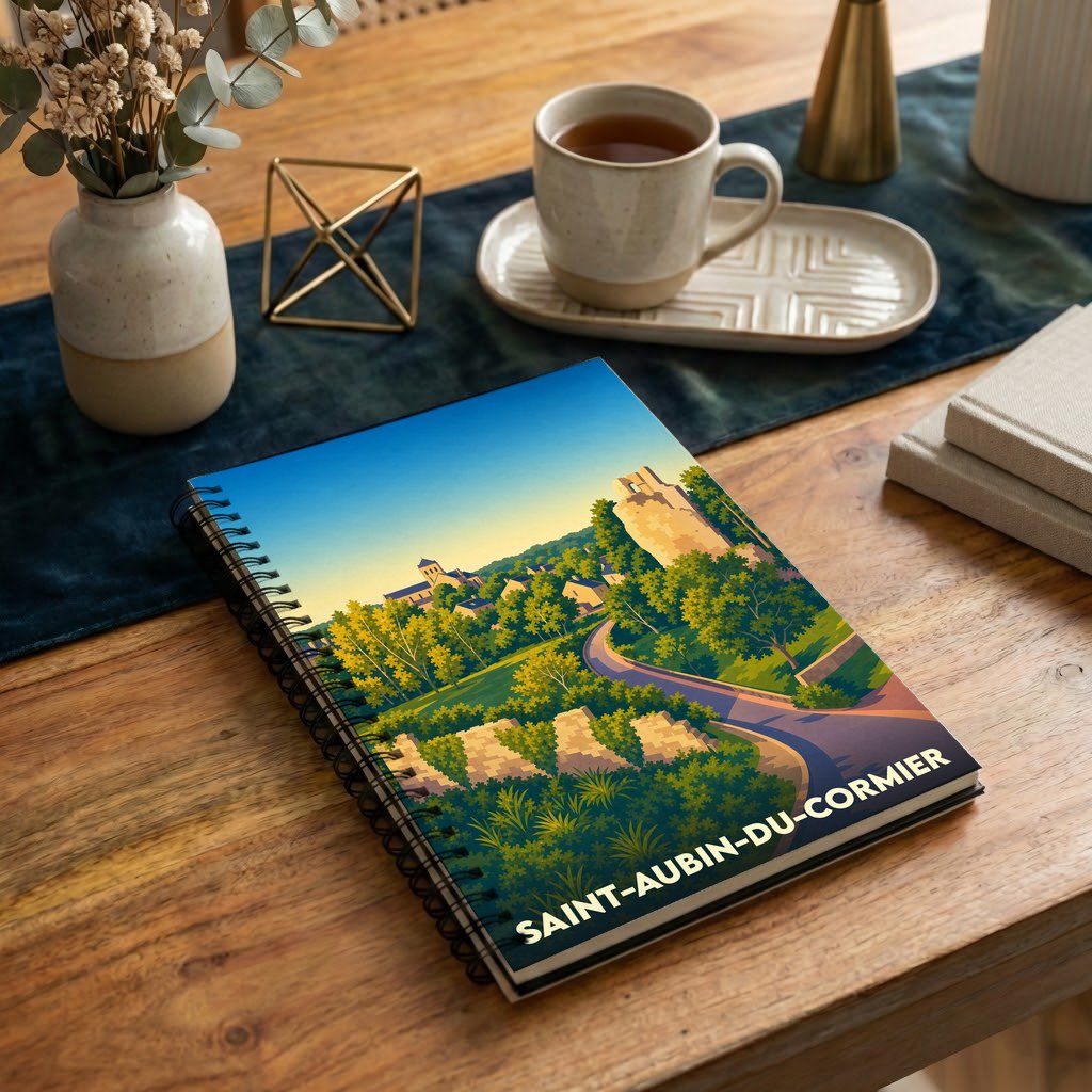 Carnet à spirales souvenir de la ville de Saint-Aubin-du-Cormier avec une illustration stylisée de son château et de son paysage.