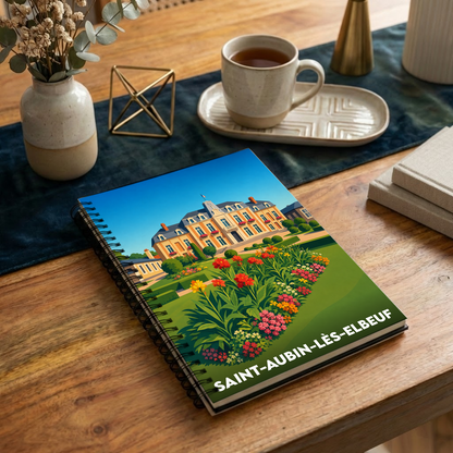 Carnet souvenir de la ville de Saint-Aubin-lès-Elbeuf illustré par une vue stylisée de son hôtel de ville et de ses jardins fleuris.