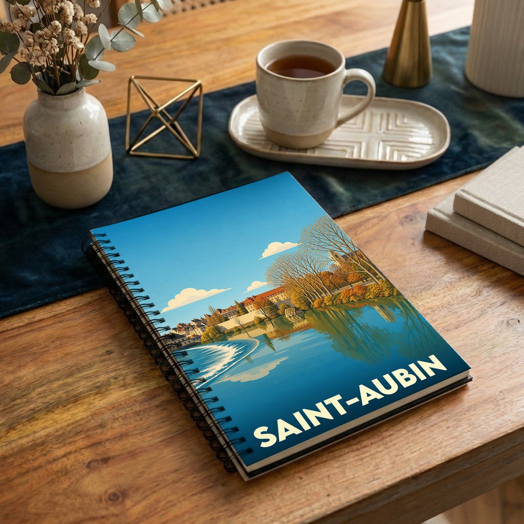 Carnet de notes à spirales souvenir de la ville de Saint-Aubin avec une illustration de paysage stylisée.