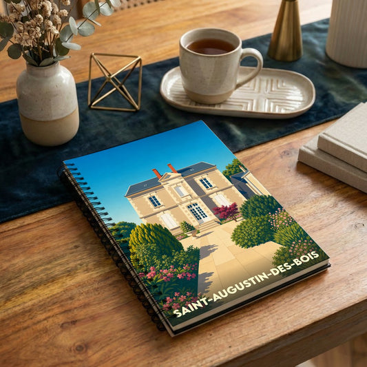 Carnet souvenir de la ville de Saint-Augustin-des-Bois avec une illustration stylisée d'une demeure bourgeoise et son jardin.