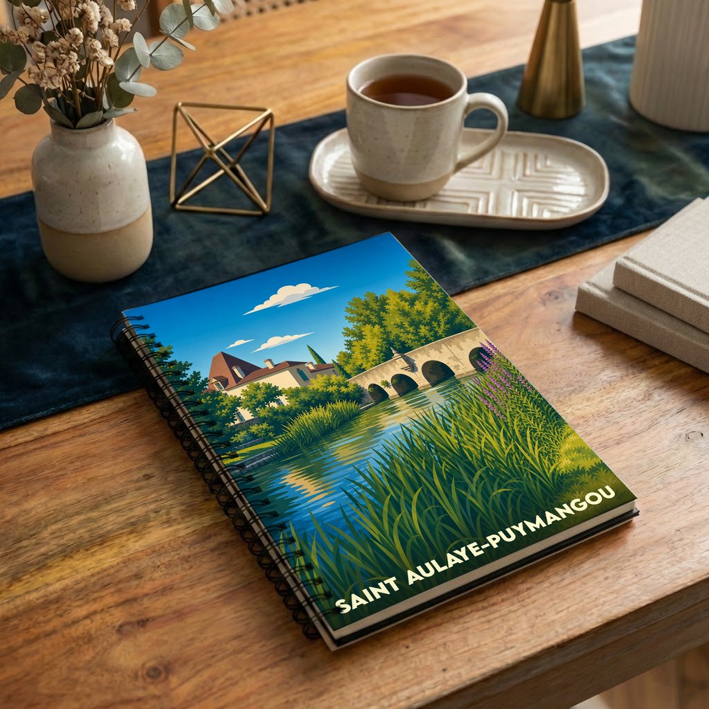 Carnet à spirales souvenir de la ville de Saint Aulaye-Puymangou avec une illustration stylisée de son pont et de sa rivière.