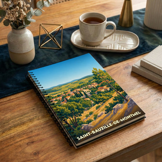 Carnet à spirales souvenir de la ville de Saint-Bauzille-de-Montmel avec une illustration de paysage coloré.