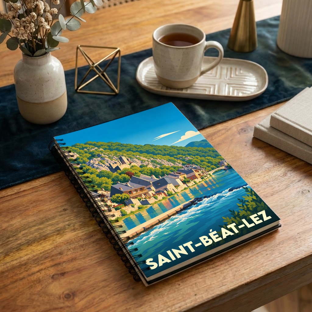 Carnet souvenir de la ville de Saint-Béat-Lez avec une illustration stylisée d'un paysage de montagne et de rivière.