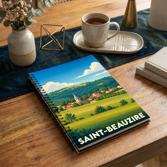 Carnet à spirales souvenir de la ville de Saint-Beauzire avec une illustration stylisée de son paysage rural.