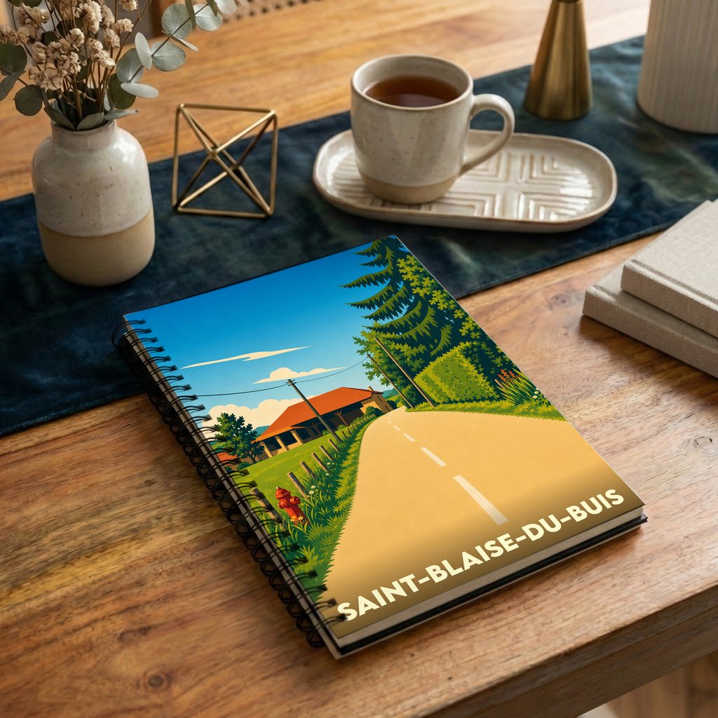 Carnet à spirales souvenir de la ville de Saint-Blaise-du-Buis avec une illustration stylisée.