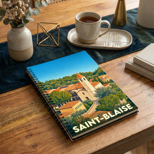 Carnet de notes à spirales souvenir de la ville de Saint-Blaise avec une illustration stylisée d'un village provençal.