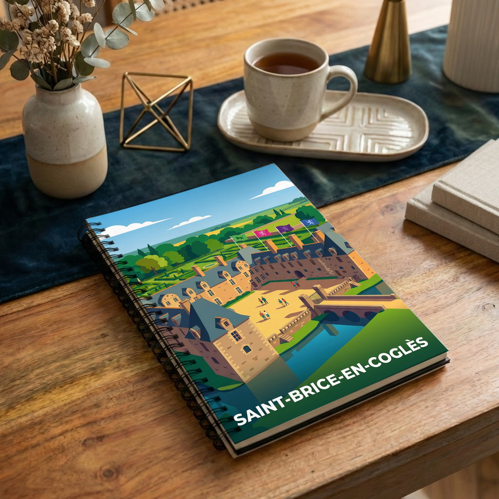 Carnet souvenir de la ville de Saint-Brice-en-Coglès avec une illustration stylisée.