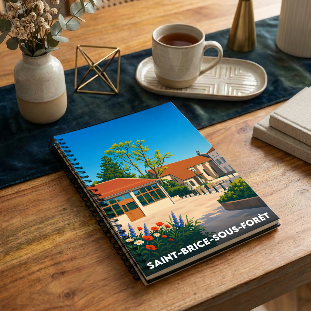 Carnet souvenir de la ville de Saint-Brice-sous-Forêt avec une illustration stylisée.