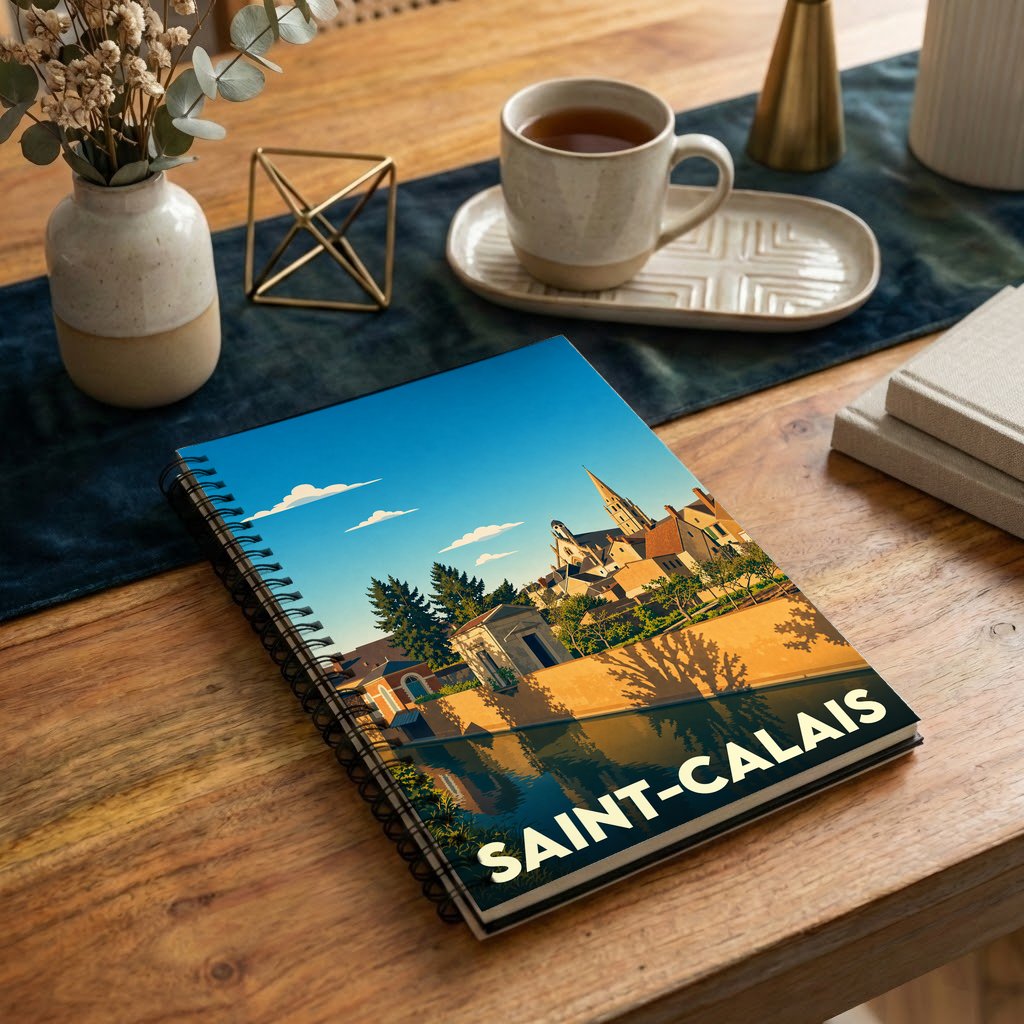 Carnet à spirales souvenir de la ville de Saint-Calais avec une illustration stylisée des bords de l’Anille.