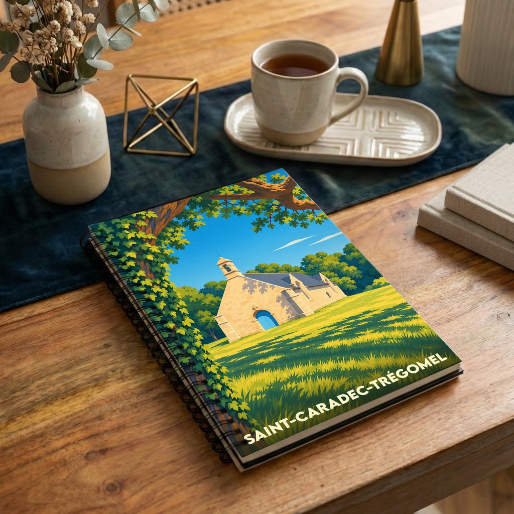 Carnet à spirales souvenir de la ville de Saint-Caradec-Trégomel avec une illustration stylisée de sa chapelle.