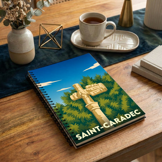 Carnet de notes souvenir de la ville de Saint-Caradec avec une illustration stylisée.