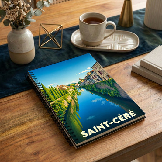 Carnet de notes à spirales souvenir de la ville de Saint-Céré avec une illustration colorée de ses quais.