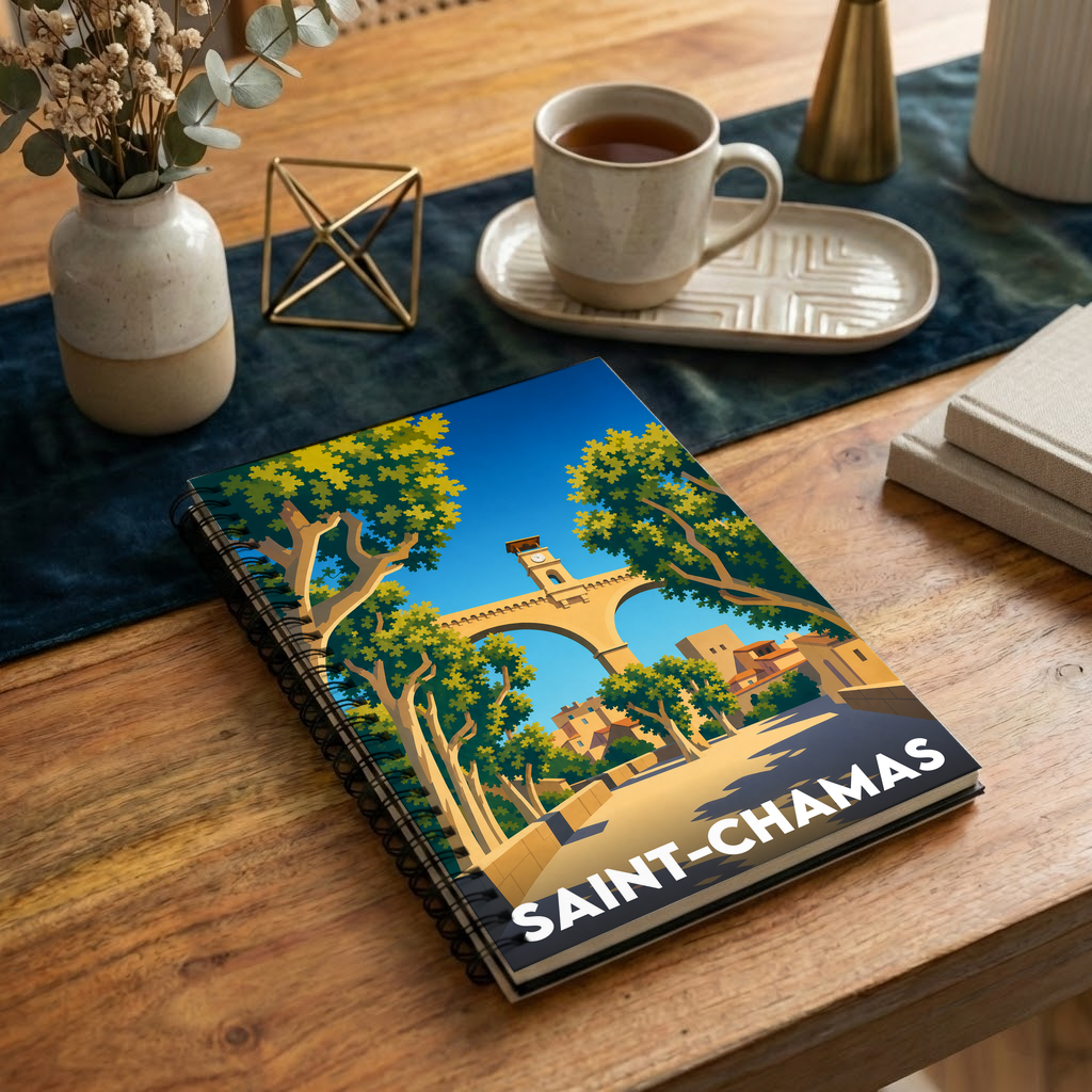 Carnet souvenir de la ville de Saint-Chamas avec une illustration stylisée.
