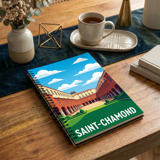 Carnet souvenir de la ville de Saint-Chamond avec une illustration stylisée de son architecture.