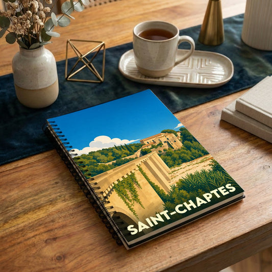 Carnet souvenir de la ville de Saint-Chaptes avec une illustration stylisée d'un pont historique.