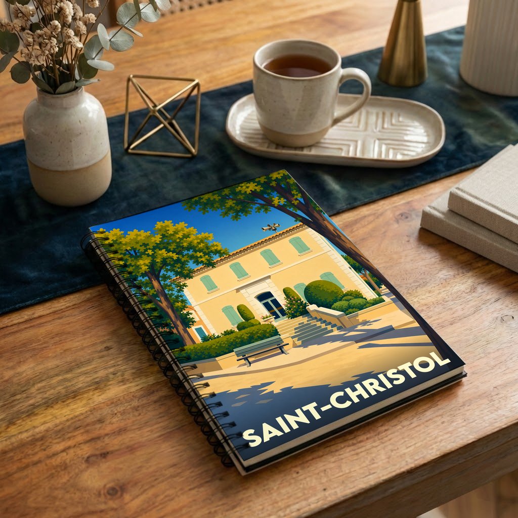 Carnet à spirales souvenir de la ville de Saint-Christol avec une illustration stylisée d'une bastide provençale.