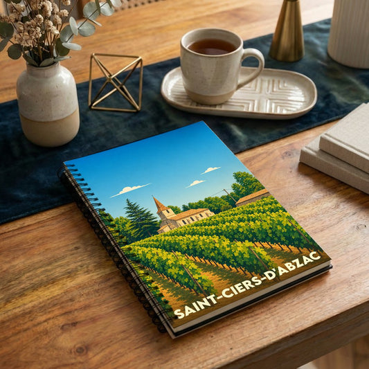 Carnet de notes souvenir de la ville de Saint-Ciers-d'Abzac avec une illustration stylisée de son paysage et de son église.