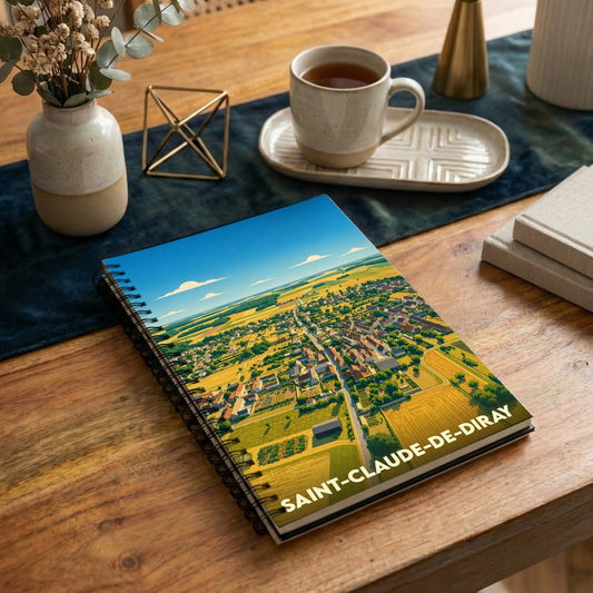 Carnet à spirales souvenir de la ville de Saint-Claude-de-Diray illustré d'une vue aérienne stylisée.