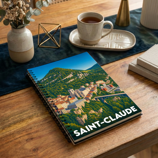 Carnet de notes à spirale avec une illustration stylisée de la ville de Saint-Claude nichée dans les montagnes.