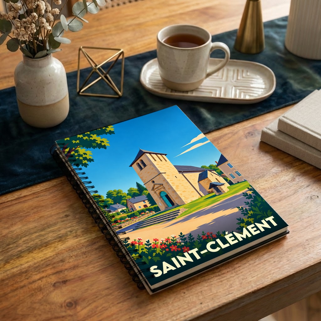 Carnet de notes souvenir de la ville de Saint-Clément avec une illustration stylisée de son église.