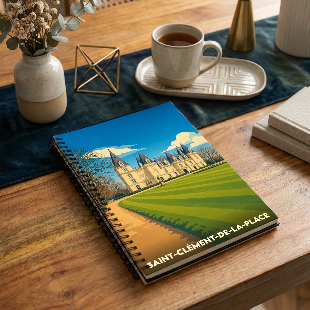Carnet souvenir de la ville de Saint-Clément-de-la-Place avec une illustration stylisée de son château.