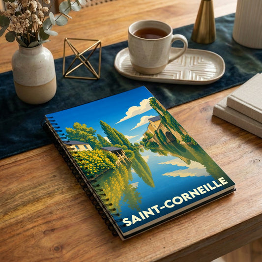 Carnet de notes à spirales souvenir de la ville de Saint-Corneille avec une illustration paysagère stylisée.