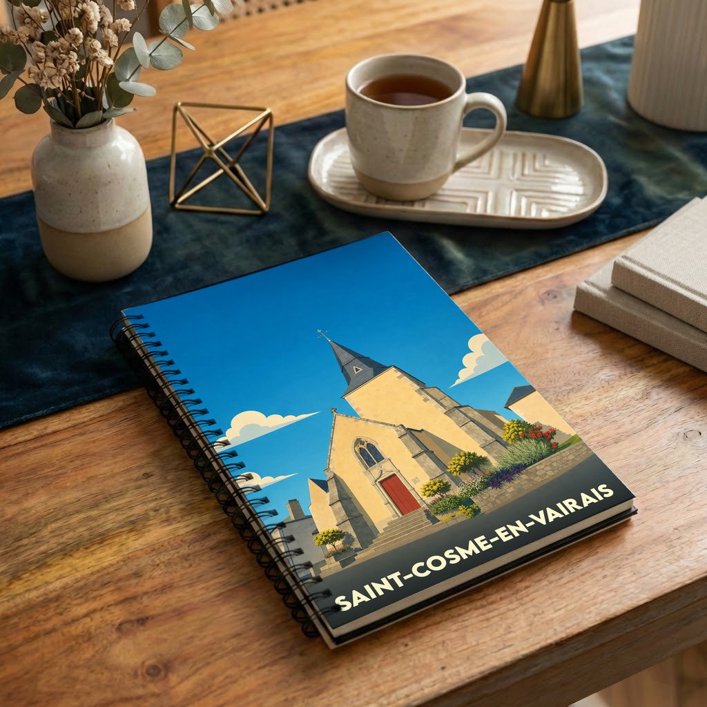 Carnet de notes à spirales souvenir de Saint-Cosme-en-Vairais arborant une illustration stylisée de son église.