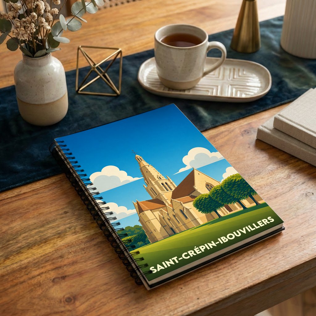 Carnet souvenir de la ville de Saint-Crépin-Ibouvillers avec une illustration stylisée de son église.