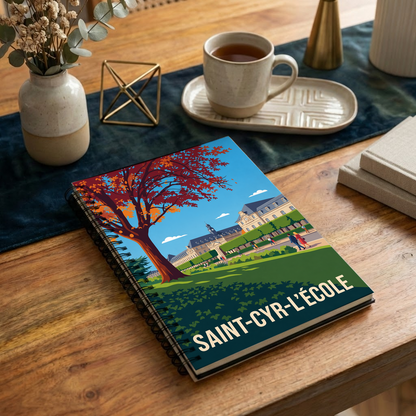 Carnet souvenir de la ville de Saint-Cyr-l'École avec une illustration stylisée et colorée.