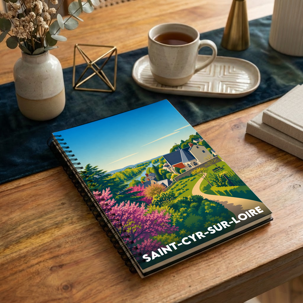Carnet souvenir de la ville de Saint-Cyr-sur-Loire avec une illustration stylisée de son paysage.
