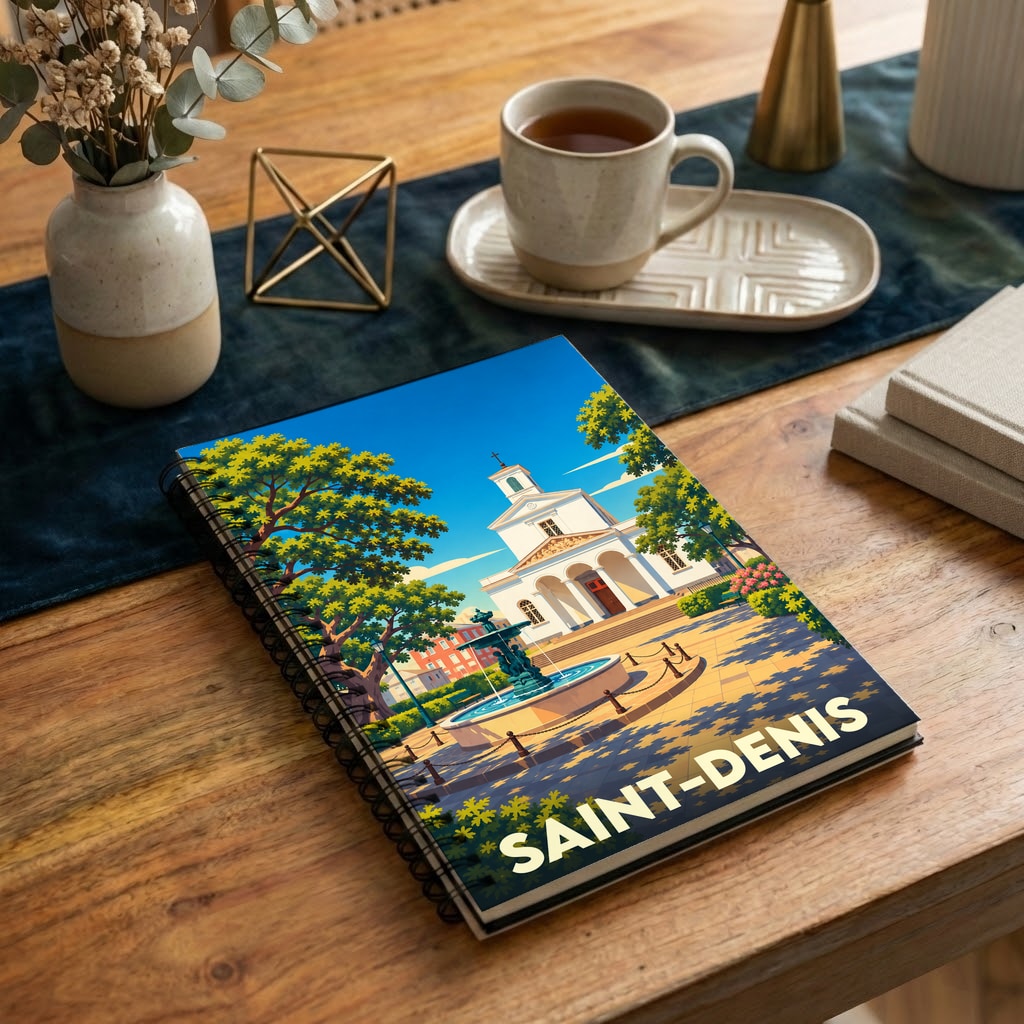 Carnet à spirales souvenir de la ville de Saint-Denis avec une illustration stylisée d'une place ensoleillée et de sa cathédrale.